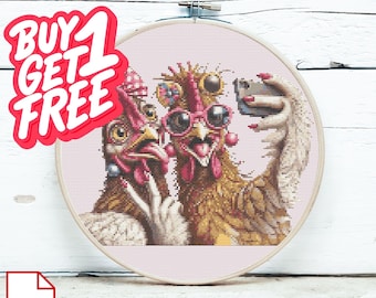 Patrón de punto de cruz de un divertido selfie de gallina – Gráfico de bordado de animales de granja modernos (PDF)
