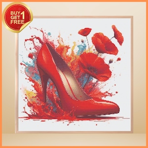 May include: A square diamond painting kit featuring a vibrant red high-heeled shoe surrounded by a dynamic splash of red, orange, and blue paint effects, accented with several red poppy flowers against a white grid background.