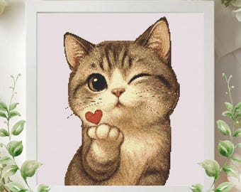 Kawaii Tabby Cat Blowing Kiss Cross Stitch Pattern (PDF)