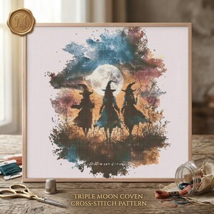Three Witches Cross Stitch Pattern, Moonlit Coven Embroidery Chart (PDF Download)