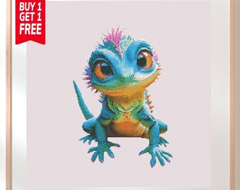 Patrón de punto de cruz de camaleón divertido, diseño de bordado de lagarto azul (descarga en PDF)
