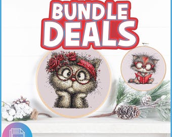 Nerd Cat Cross Stitch Pattern, Reading Kitten with Glasses (PDF Download)