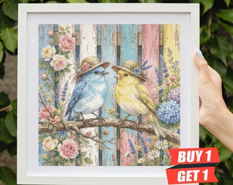 Patrón de punto de cruz floral con pájaros enamorados, diseño romántico de jardín para tapicería (descarga en PDF)