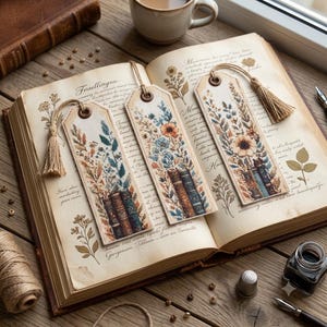 Op de afbeelding: Drie rechthoekige stoffen boekenleggers met kruissteekborduurwerk van gestapelde boeken en wilde bloemen. Elke boekenlegger heeft een beige achtergrond, een bruin metalen oogje aan de bovenkant en een lichtbruin jute kwastje.