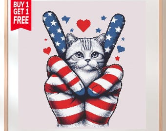 Patrón de punto de cruz de gato patriótico con símbolo de la paz (PDF)