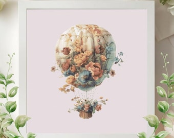 Patrón de punto de cruz de globo aerostático floral, diseño de bordado estilo cottagecore vintage (descarga en PDF)