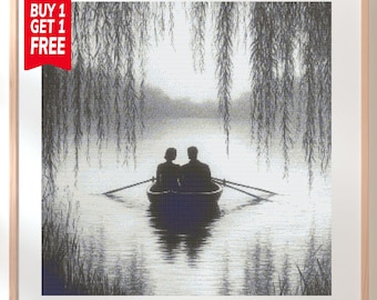 Patrón de punto de cruz de pareja en barco, silueta romántica para tapicería (descarga en PDF)