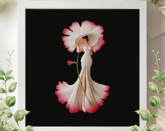 Patrón de punto de cruz de la Dama de las Flores, Bordado de la Silueta de Mujer Elegante (Descarga en PDF)