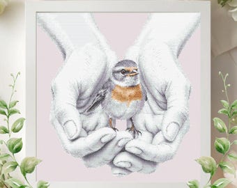 Realistic Robin Bird in Hands Cross Stitch Pattern, Nature Lover Wall Art (PDF Download)