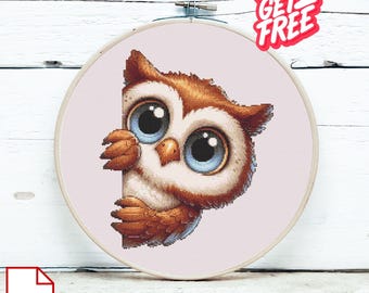 Peeking Owl Cross Stitch Pattern, Whimsical Baby Bird Cross (PDF Download)