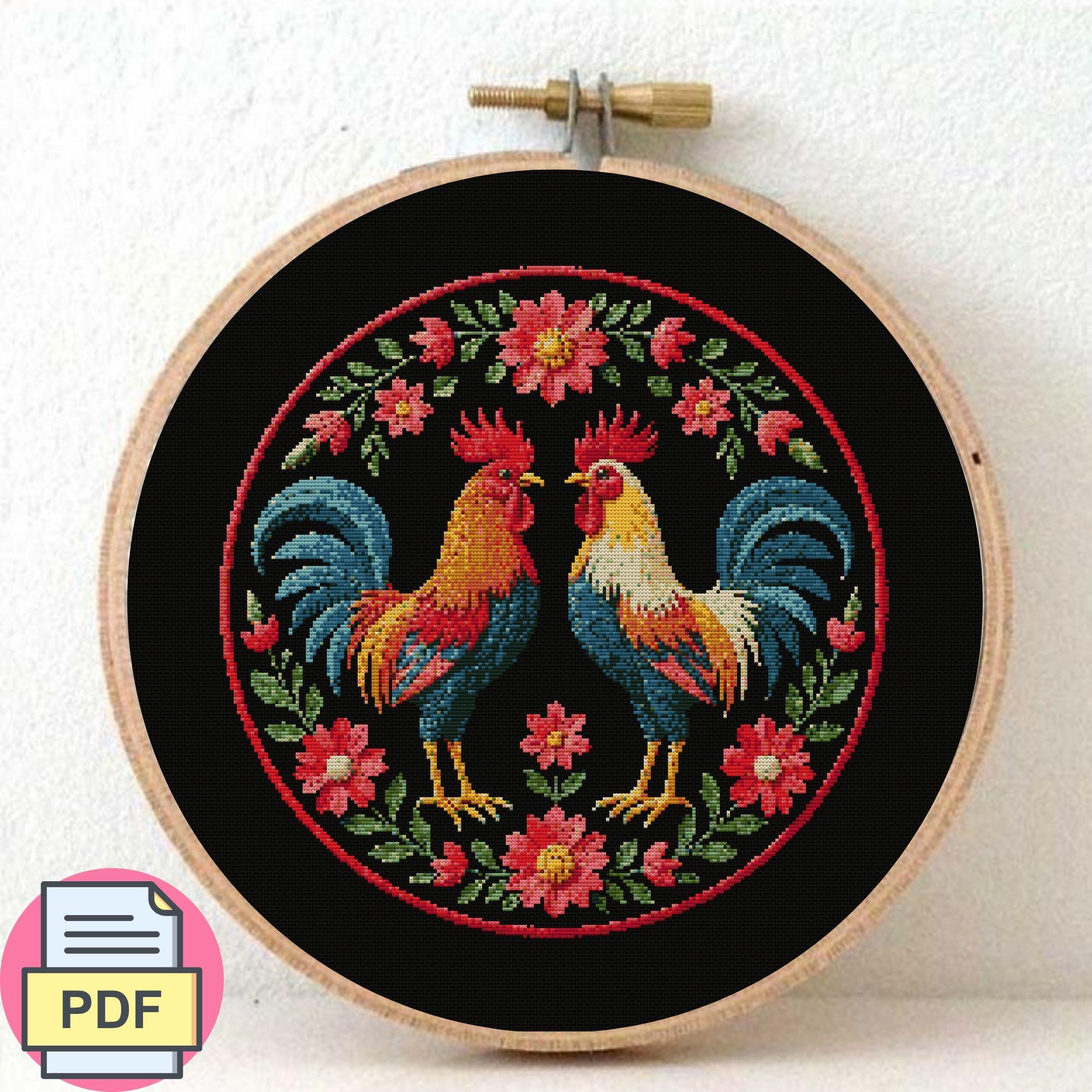 Rooster Floral Cross Stitch Pattern, Rustic Farmhouse Needlepoint PDF ...
