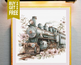 Vintage Floral Steam Engine Cross Stitch Pattern (PDF Download)