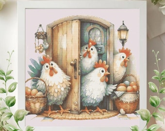 Patrón de punto de cruz de gallinero rústico, bordado de gallina rústica (descarga en PDF)
