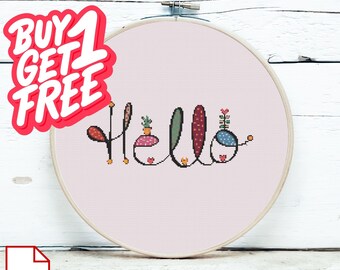 Patrón de punto de cruz "Hola moderno" en PDF - Diseño de bordado con tipografía caprichosa - Gráfico de bordado con texto floral
