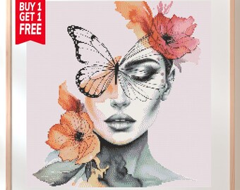 Patrón de punto de cruz en PDF de Mujer Surrealista con Mariposa, Arte de Tapiz Floral para Pared (Descarga Digital)
