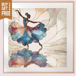 May include: A framed artwork depicts a dancing figure in a flowing dress, with a mosaic-like design in shades of blue, red, and purple. The artwork has a gold outline and a mirrored reflection. The text "BUY 1 GET 1 FREE" is in the upper left corner.