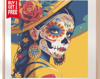 Patrón de punto de cruz de Niña Calavera de Azúcar, Diseño de bordado de Catrina colorida (Descarga en PDF)