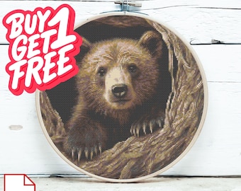 Patrón realista de punto de cruz de oso, gráfico de bordado de fauna silvestre (descarga en PDF)