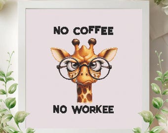 Patrón de punto de cruz de jirafa divertida en PDF, diseño de bordado con la frase "Sin café no hay trabajo", punto de aguja de animales lindos, decoración con humor para la oficina