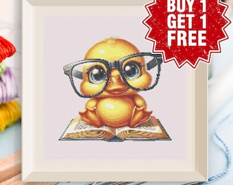 Patrón de punto de cruz del Pato Nerd leyendo (PDF), Gráfico de bordado de animales para guardería