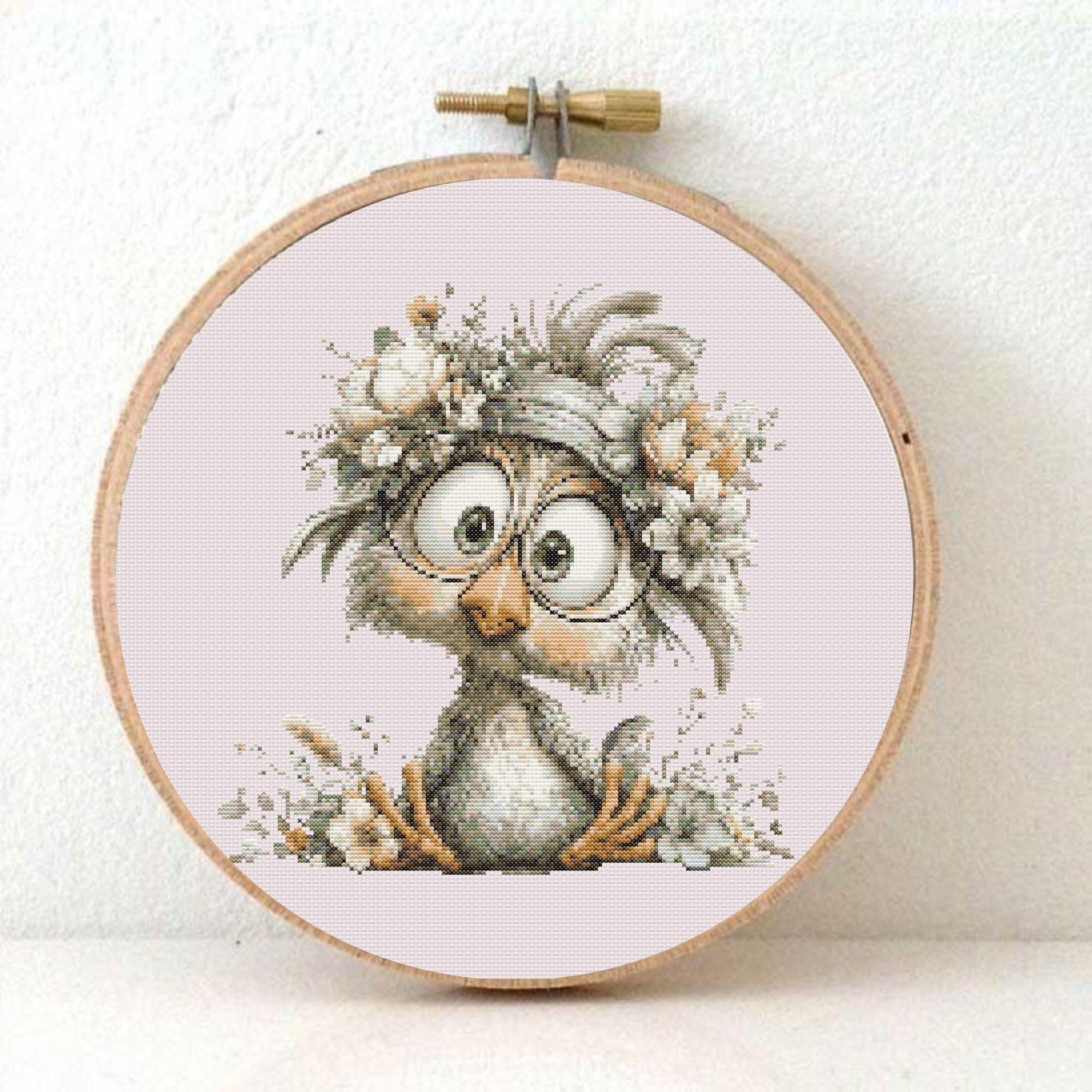 Cute Owl Cross Stitch Pattern, Floral Crown Bird Embroidery Design, Woodland Nursery Decor Digital D