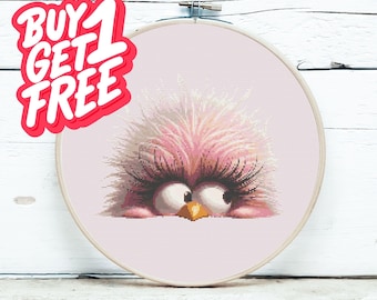 Patrón de punto de cruz de pájaro rosa asomándose, diseño de bordado de animales caprichoso (PDF)