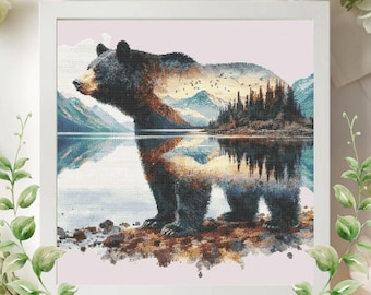 Bear Landscape Cross Stitch Pattern, Mountain Forest Wildlife Embroidery Design (PDF)