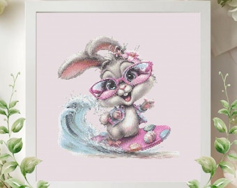 Patrón de punto de cruz de conejito surfista en PDF, lindo diseño de bordado de conejo en tabla de surf, punto de aguja de verano para la playa, decoración costera, descarga instantánea.