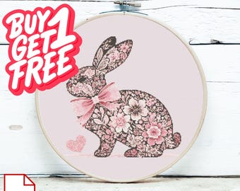Floral Bunny Cross Stitch Pattern (PDF), Whimsical Spring Embroidery Chart