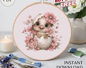 Hatching Chick Floral Cross Stitch Pattern (PDF Download)