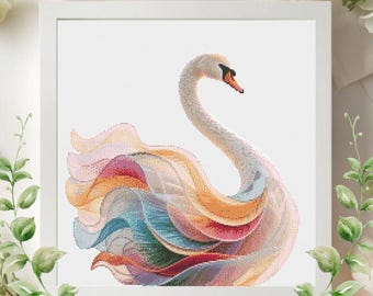 Patrón abstracto de punto de cruz de cisne, bordado de olas arcoíris en tonos pastel, decoración minimalista de animales (PDF)