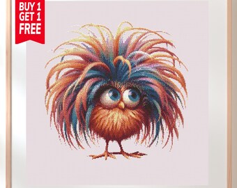 Patrón de punto de cruz de pájaro divertido, diseño de bordado de pelo loco (descarga en PDF)