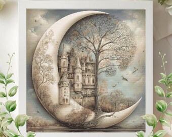 Surreal Castle Cross Stitch Pattern, Fantasy Landscape Embroidery Chart (PDF Download)