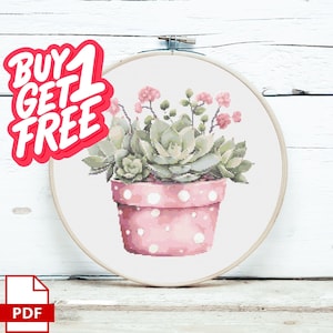 Succulent Cross Stitch Pattern, Polka Dot Pot Embroidery, Botanical Wall Art (PDF Download)