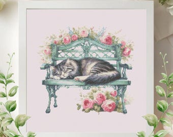 Patrón de punto de cruz de gato romántico, banco de jardín con rosas, decoración shabby chic (PDF)