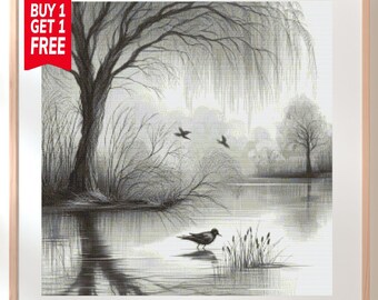 Patrón de punto de cruz de paisaje invernal, pájaros volando, bordado de naturaleza monocromático (descarga en PDF)