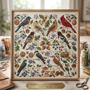 May include: A framed cross-stitch sampler titled North American Forest Sampler Kit, featuring various birds, acorns, berries, and mushrooms embroidered on light fabric. The design includes a bluebird, cardinal, and other forest birds.