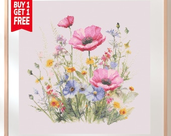 Patrón de punto de cruz de flores silvestres, bordado de ramo floral de amapolas rosas, arte botánico para pared (descarga en PDF)