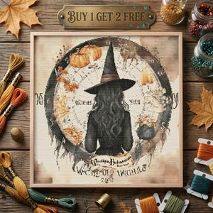May include: A square cross-stitch pattern featuring a central figure in a pointed witch hat, surrounded by a circular clock-like design with pumpkins, a deer, and candles. The text reads Witches Shall Gather and Witches Wishes.