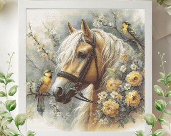 Patrón de punto de cruz de caballo y pájaro en PDF, elegante diseño de bordado de caballo blanco, bordado floral con animales, arte mural de la naturaleza, descarga instantánea.