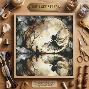 May include: A framed diamond painting kit featuring a silhouette of a fairy and a cat against a large full moon, with a reflection in water. The image includes text reading BUY 1 GET 2 FREE and Pattern Design by [Artist Name].