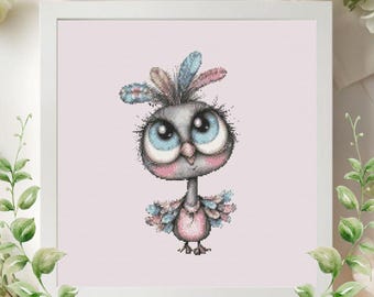 Patrón de punto de cruz de pájaro en tonos pastel, bordado de pollito kawaii, decoración para guardería (descarga en PDF)