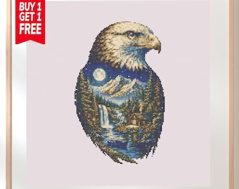 Patrón de punto de cruz en PDF de paisaje montañoso con águila calva, bordado de naturaleza y fauna silvestre (descarga digital)