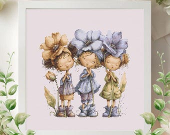 Patrón de punto de cruz en PDF para niñas con sombrero de flores, diseño de bordado de trío de niñas dulces, decoración estética para habitaciones infantiles, bordado moderno.
