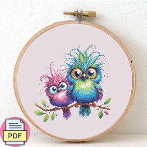Whimsical Owl Cross Stitch Pattern, Colorful Rainbow Birds Embroidery Design (PDF)