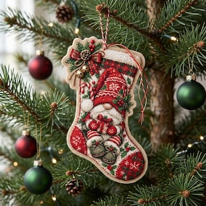 Può includere: Un addobbo natalizio a forma di calza con un gnomo a punto croce che indossa un cappello rosso e tiene un regalo. La calza è decorata con agrifoglio, bacche e campanellini dorati, appesa con un cordino rosso e bianco a un ramo di pino.
