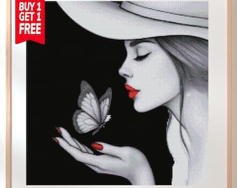 Patrón de punto de cruz de mujer mariposa, diseño de bordado de silueta moderna (descarga en PDF)