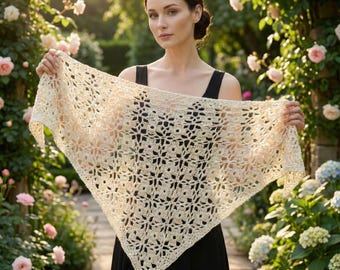 Crochet Shawl Pattern, Flower Motif Lace Shawl PDF, Instant Download
