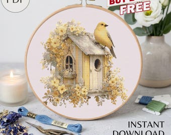 Yellow Bird Birdhouse Cross Stitch Pattern, Floral Garden Needlepoint (PDF Download)