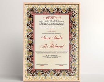 Persian Style Nikkah Certificate, A4 Islamic Wedding Contract, Muslim Marriage Certificate, Nikkah Nama with Personalised Names